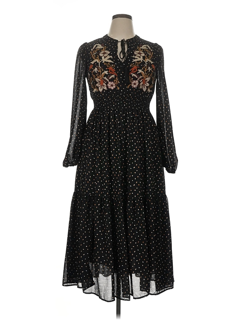 Black Embroidered V-Neck Midi Dress with Floral Yoke